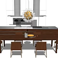 Wooden Dining Table Set With Beige Chairs Decorative Chandelier And Modern Kitchen