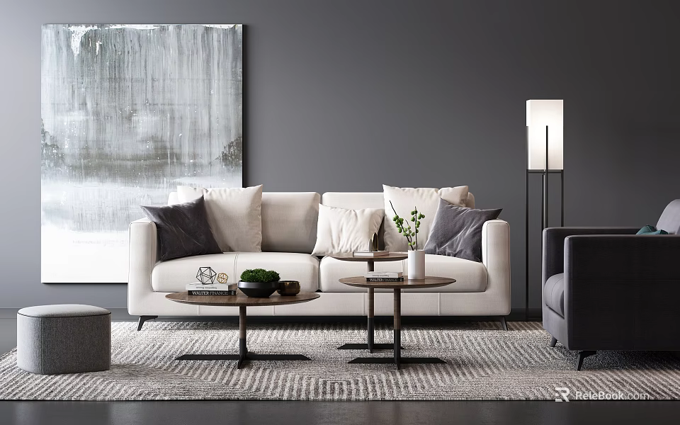Modern Sofa and Coffee Table Set with Beige Throw Pillows Abstract Painting and Floor Lamp 3d model 