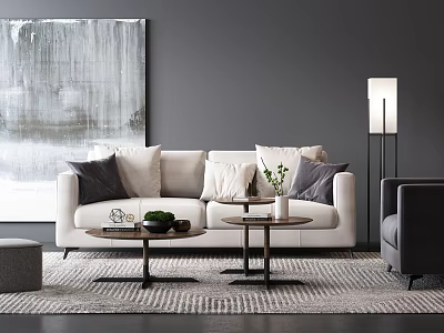 Modern Sofa and Coffee Table Set with Beige Throw Pillows Abstract Painting and Floor Lamp 3d model