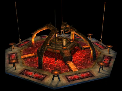 Architectural Structure With Octagonal Platform Arched Supports Red Lava Floor And Suspended Pillars 3d model