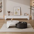 Modern Black And White Round Nested Coffee Table On Beige Rug With TV Stand Decor