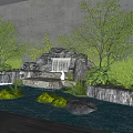 Serene Garden Rockery Waterfall Feature With Green Plants Stones And Moss