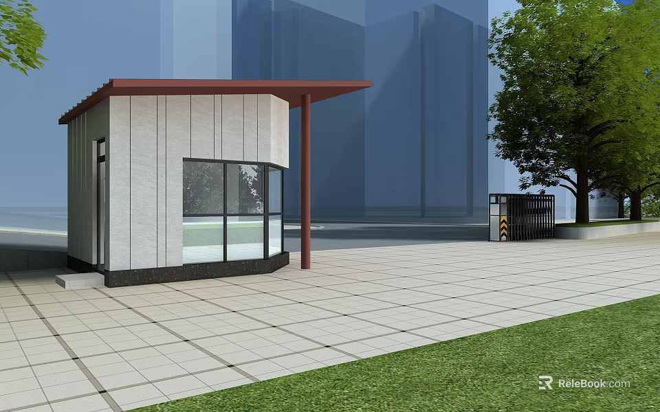 Modern Entrance Gate With Red Canopy Guard House And Paved Ground 3d model 