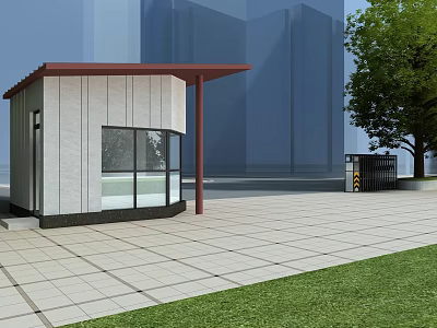 Modern Entrance Gate With Red Canopy Guard House And Paved Ground 3d model
