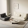 Modern Beige Sofa and Wooden Coffee Table Set with Black Armchair Decorative Painting and Rug