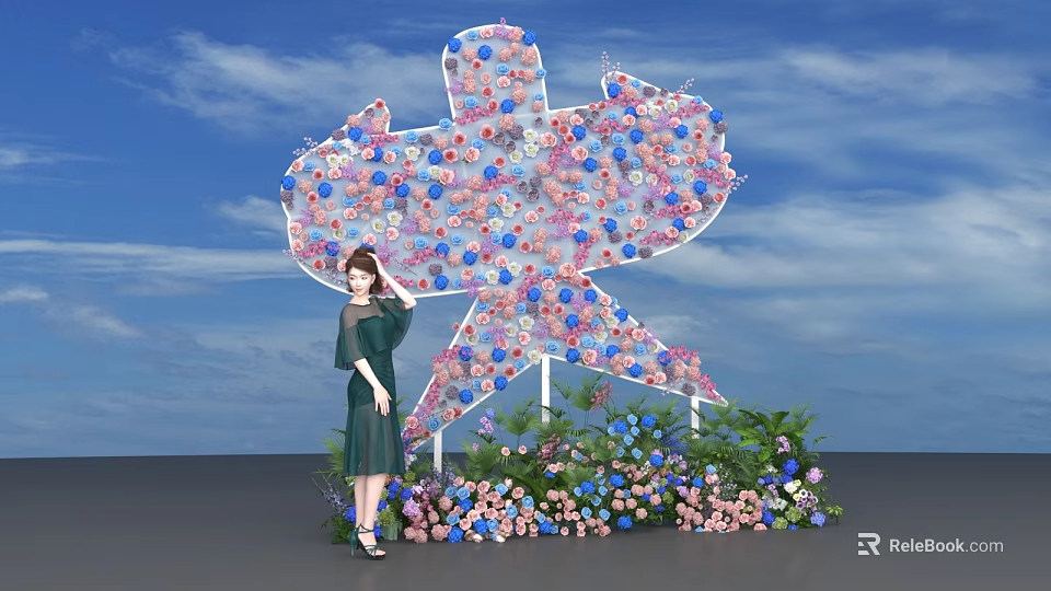 Colorful Balloon Star Shaped Photo Check-in Spot With Flowers And Blue Sky 3d model 