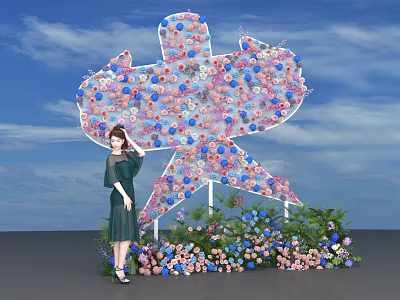 Colorful Balloon Star Shaped Photo Check-in Spot With Flowers And Blue Sky 3d model