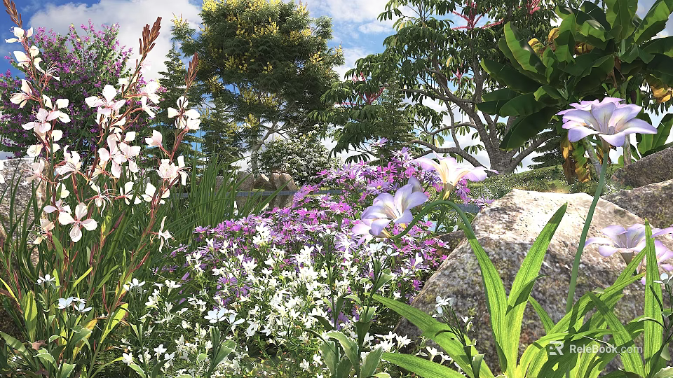 Lush Natural Garden Scene With Purple White Flowers Green Trees Rock And Sunny Sky 3d model 