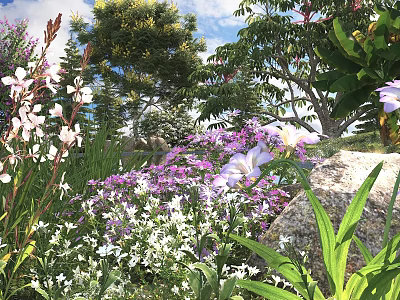 Lush Natural Garden Scene With Purple White Flowers Green Trees Rock And Sunny Sky 3d model