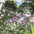 Lush Natural Garden Scene With Purple White Flowers Green Trees Rock And Sunny Sky