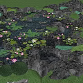 Waterfront Landscape With Pond Rocks Pink And White Water Lilies And Greenery