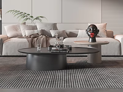Modern Living Room Round Coffee Table with Black Design Sofa Pillows and Decorative Sculpture 3d model
