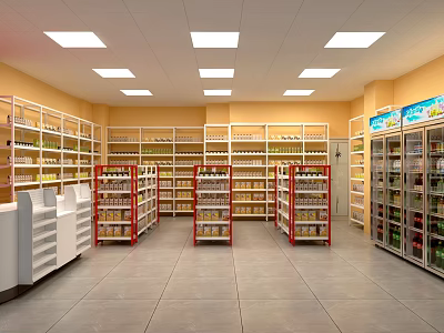 Supermarket Interior With Organized Shelves Stocked Full Of Various Daily Products And Checkout Counter 3d model