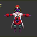 Hooded Character In Red White Costume With Purple Eyes Cape And Boots