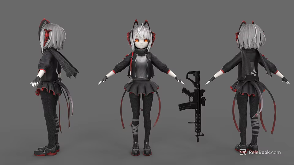 Anime Game and Movie Character with Gray Hair Cat Ears Black Red Outfit Holding Gun 3d model 