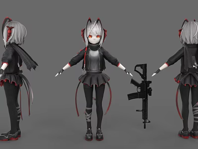 Anime Game and Movie Character with Gray Hair Cat Ears Black Red Outfit Holding Gun 3d model