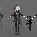Anime Game and Movie Character with Gray Hair Cat Ears Black Red Outfit Holding Gun
