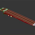 Red Flatbed Trailer With Brown Loading Surface Multiple Wheels And Long Structure
