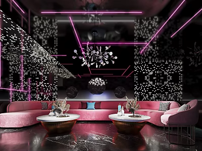 Modern KTV Interior With Pink Sofa Chandelier Neon Lights Marble Floor And Decorative Wall 3d model