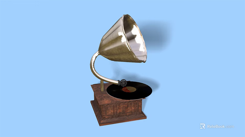 Vintage Gramophone Audio System With Horn Vinyl Record Wooden Base And Blue Background 3d model 