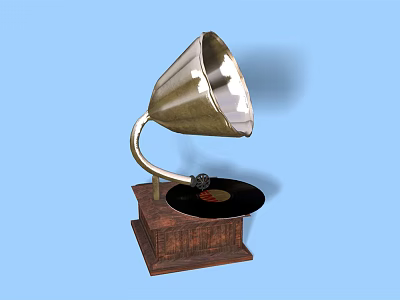 Vintage Gramophone Audio System With Horn Vinyl Record Wooden Base And Blue Background 3d model
