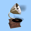 Vintage Gramophone Audio System With Horn Vinyl Record Wooden Base And Blue Background