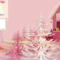 Festive Pink Christmas Cabin with Snowy Roof Reindeer and Star Decorations