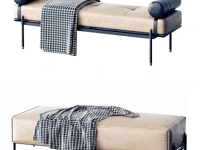 Beige Padded Ottoman with Metal Frame and Black White Checkered Blanket 3d model