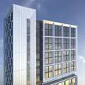 Modern High Rise Hotel Building With Glass Curtain Walls Street Vehicles And Exterior Lighting