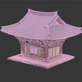 Traditional Korean Architecture Model With Gray Tile Roof Red Columns And Decorative Doors