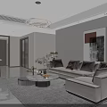 Minimalist Living and Dining Room With White Sofa Round Coffee Table Circular Chandelier Decorative Painting