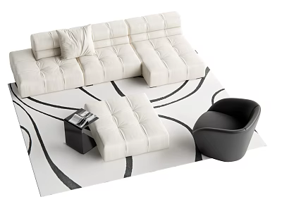 Modern White Sofa and Coffee Table Set With Black Accent Chair and Patterned Rug 3d model