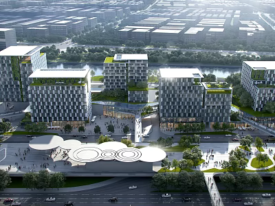 Modern Office Buildings With Green Roofs Surrounding River and Plaza and People Activities 3d model