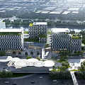 Modern Office Buildings With Green Roofs Surrounding River and Plaza and People Activities