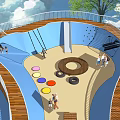 Outdoor Playground Equipment With Curved Wooden Walkways And Tire Structures For Children Playing