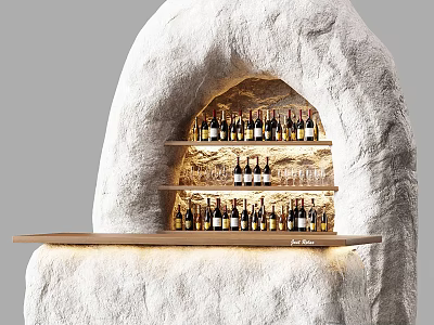Natural Stone Bar Counter Interior With Layered Shelves Displaying Wine Bottles 3d model