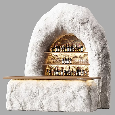 Natural Stone Bar Counter Interior With Layered Shelves Displaying Wine Bottles 3d model