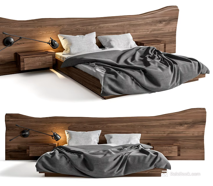 Modern Double Bed With Wooden Headboard Nightstands Bedside Lamps Gray Blanket And White Pillows 3d model 
