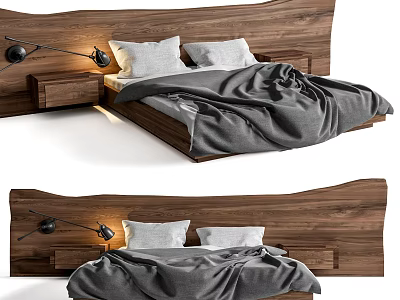 Modern Double Bed With Wooden Headboard Nightstands Bedside Lamps Gray Blanket And White Pillows 3d model