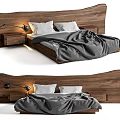 Modern Double Bed With Wooden Headboard Nightstands Bedside Lamps Gray Blanket And White Pillows