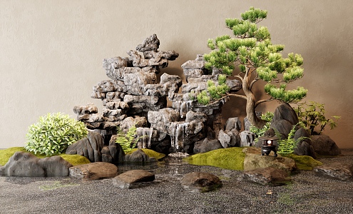 Japanese style rockery waterscape courtyard landscape sketch rockery stone landscape landscaping pine 3d model