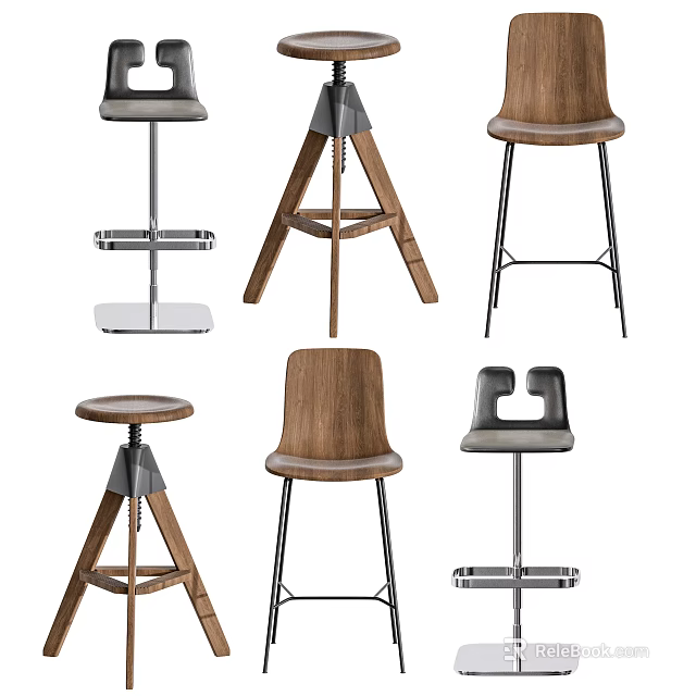 Various Stylish Bar Stools With Wooden Metal Bases And Modern Designs 3d model 