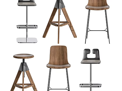 Various Stylish Bar Stools With Wooden Metal Bases And Modern Designs 3d model