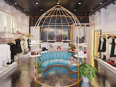 Modern Clothing Store Interior Featuring Golden Birdcage Display Blue Sofa Plants Clothing Racks And Accessories 3d model