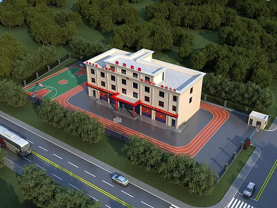 Modern Fire Station Exterior With Training Track Surrounding Trees And Road Vehicles 3d model