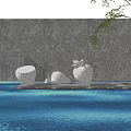 Contemporary Stainless Steel Fruit Sculptures By Water Pool With Stone Wall And Waterfall Feature