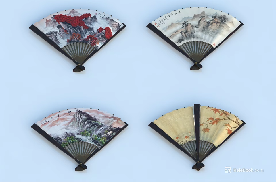 Traditional Chinese Decorative Fan Wall Hangings With Landscape And Maple Leaf Patterns 3d model 