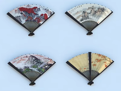 Traditional Chinese Decorative Fan Wall Hangings With Landscape And Maple Leaf Patterns 3d model
