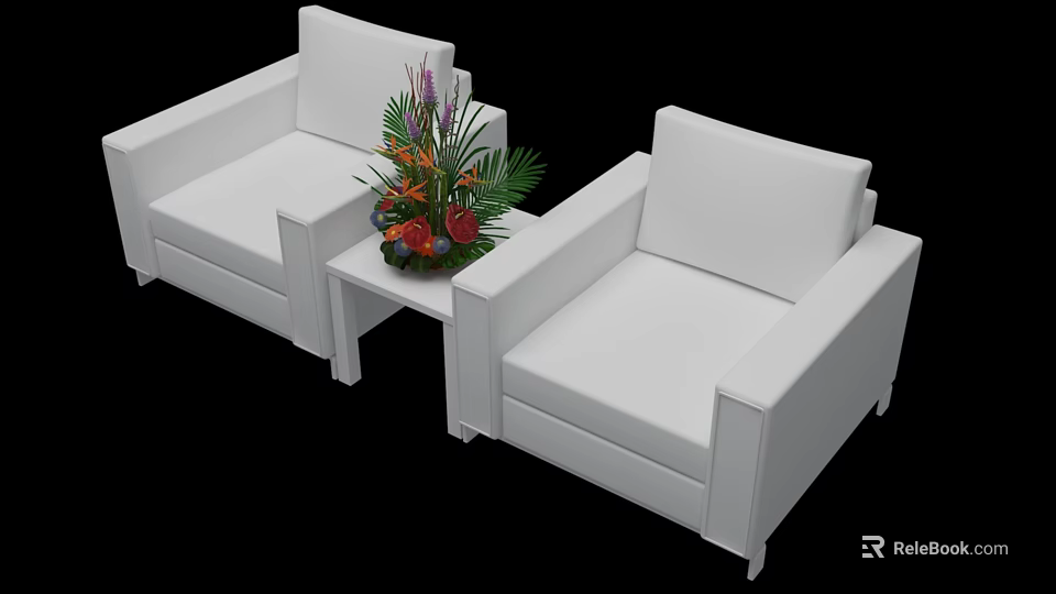 White Leisure Sofa Set with Two Sofas Small Coffee Table Featuring Flowers Green Plants 3d model