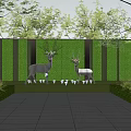 White Deer Sculptures In Garden With Green Hedge Grass And Trees Stone Pavement